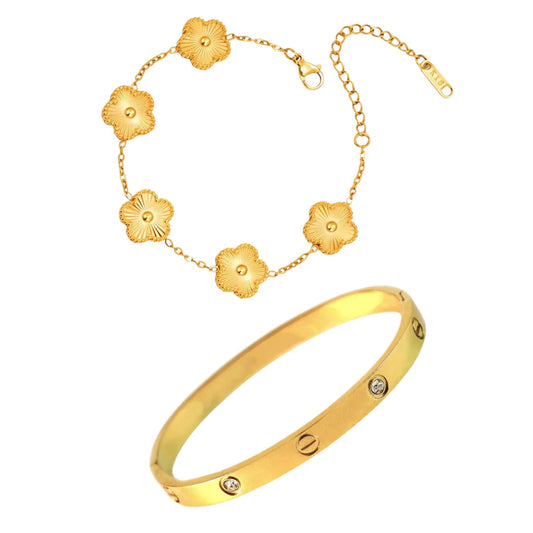 Cartier Love Bangle with Golden Clover Bracelet Stack Set